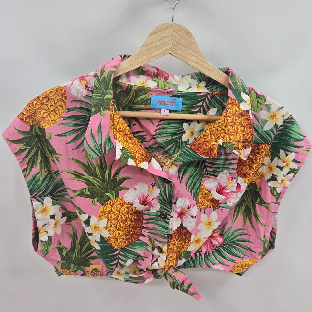 Whimsberry Pink Tropical Hibiscus Pineapple 100% Cotton Crop Top Size Large